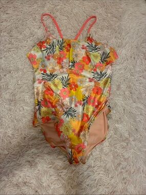 Floral One-Piece Girls' Swimsuit - Yellow & Coral